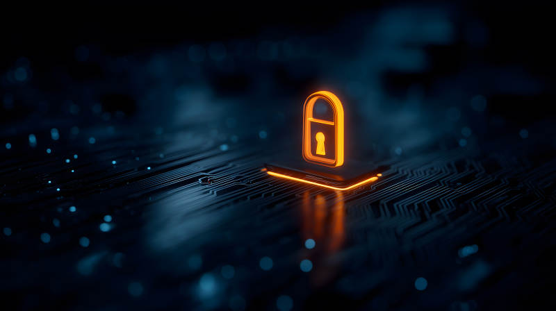 電路板上的發光鎖形圖標象征安全保護-圖片