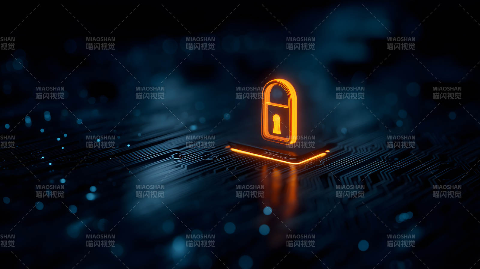 電路板上的發光鎖形圖標象征安全保護-圖片