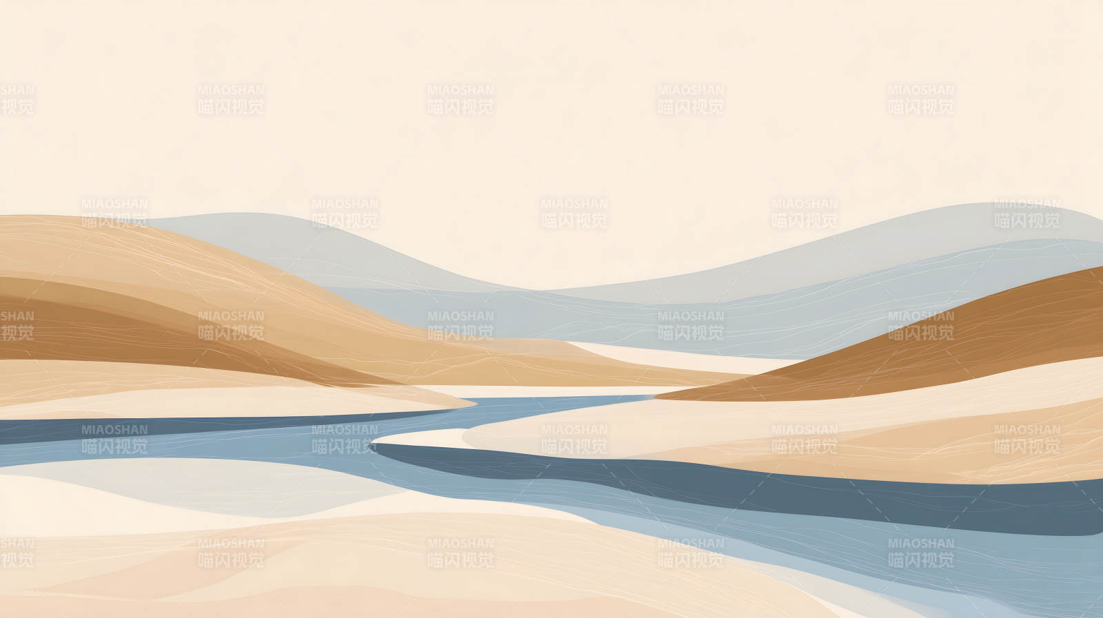 抽象山水畫藍河貫穿大地-圖片