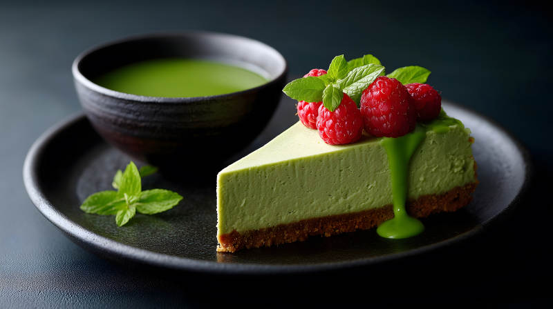 抹茶芝士蛋糕配覆盆子-圖片