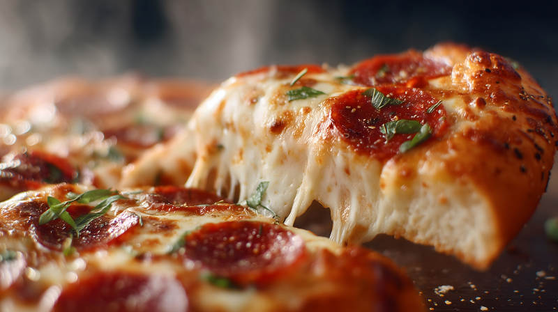 美味的披萨特写镜头芝士拉丝-图片