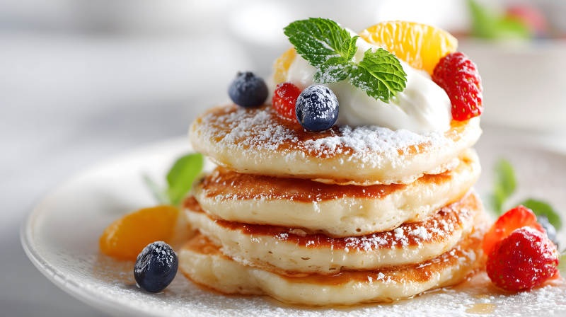 美味的煎饼配水果和奶油-图片