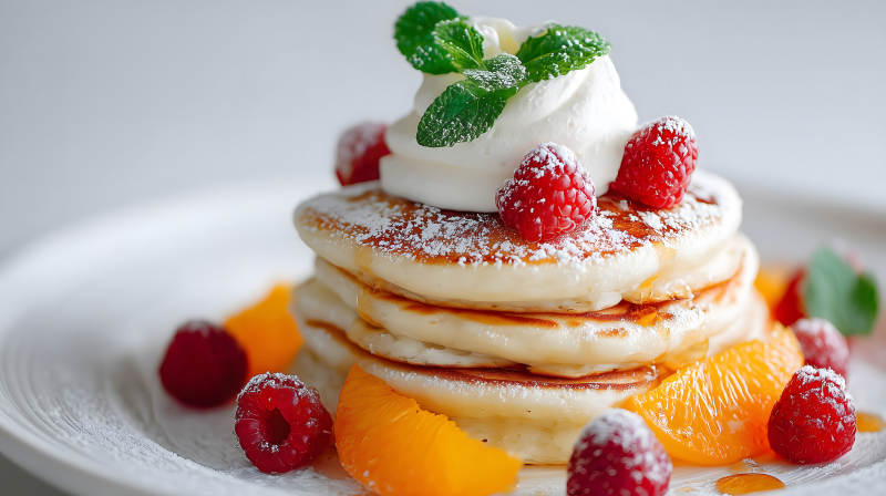 美味煎饼配水果和奶油-图片