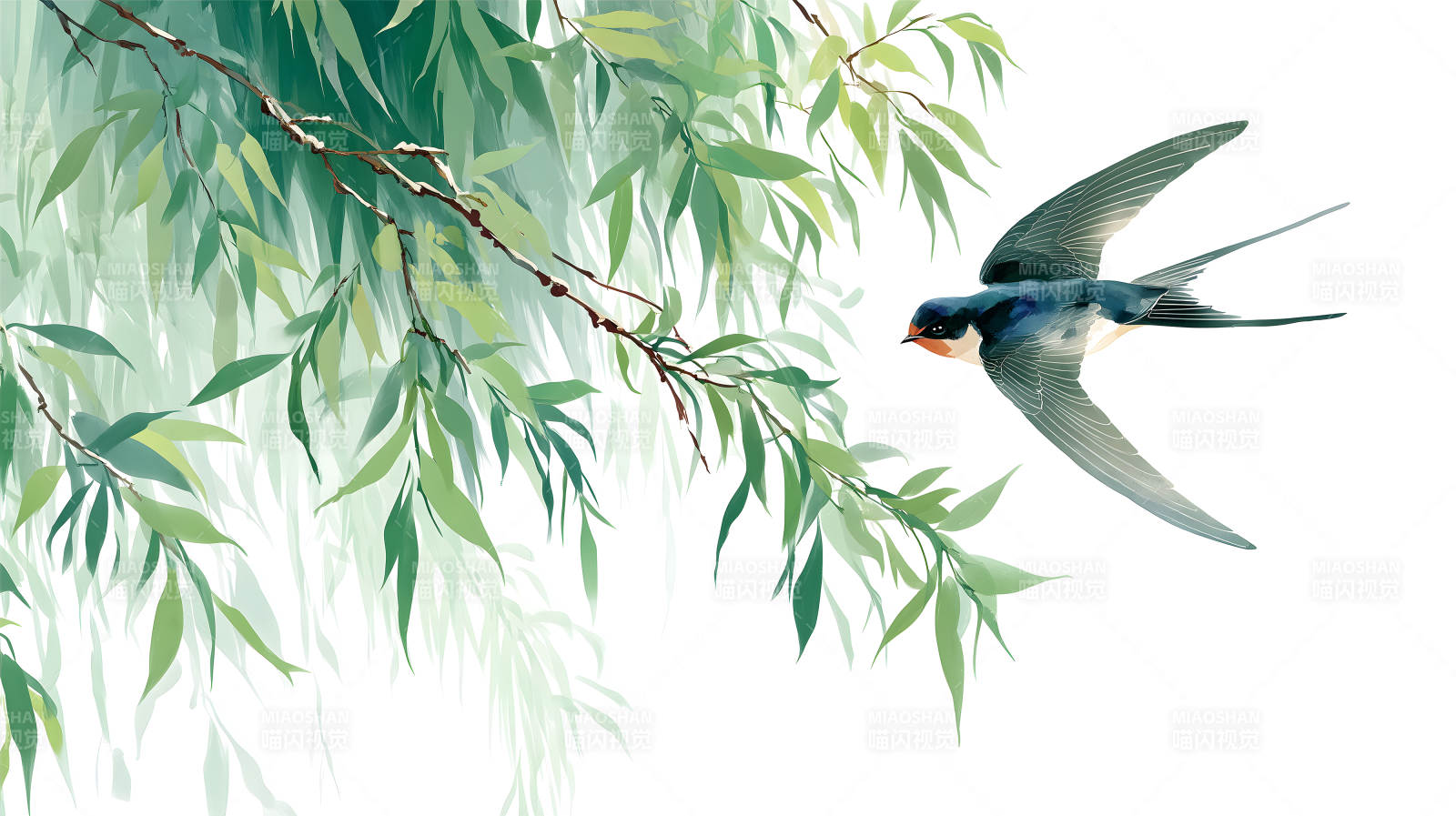 翠绿柳枝与飞翔燕子图-图片