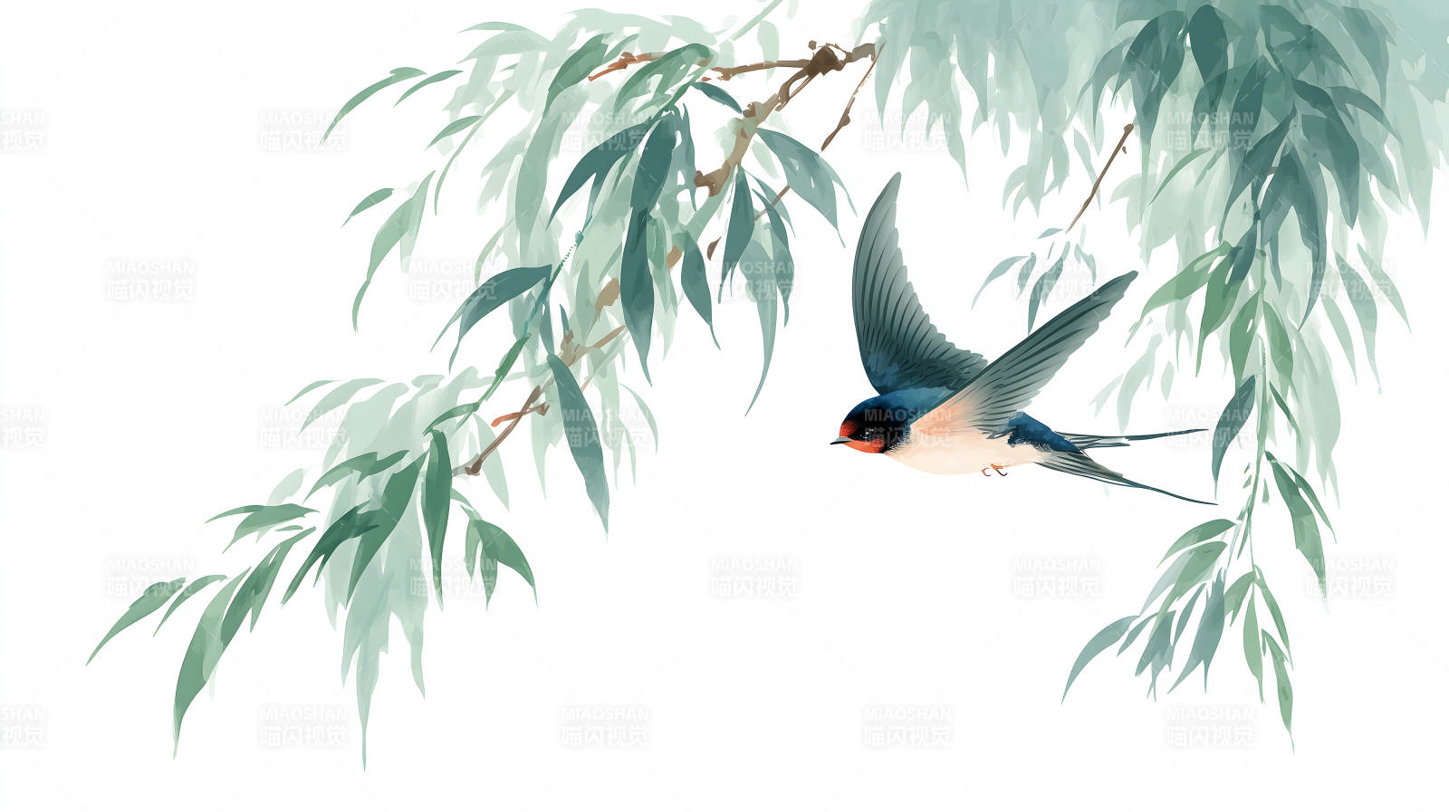 水墨風(fēng)格的飛鳥與柳枝-圖片