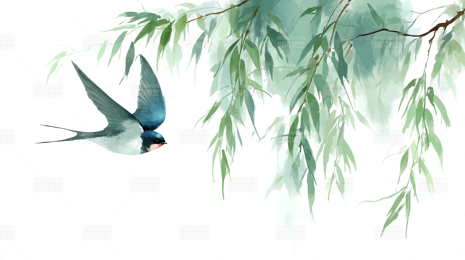 水墨风格飞鸟柳枝-图片