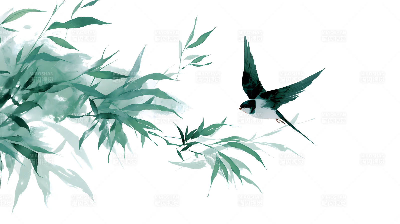 水墨風格的飛鳥和竹葉-圖片