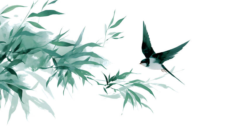 水墨風格的飛鳥和竹葉-圖片