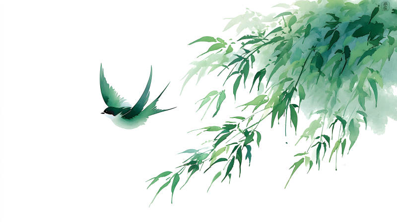 水墨畫風的翠鳥與竹葉-圖片