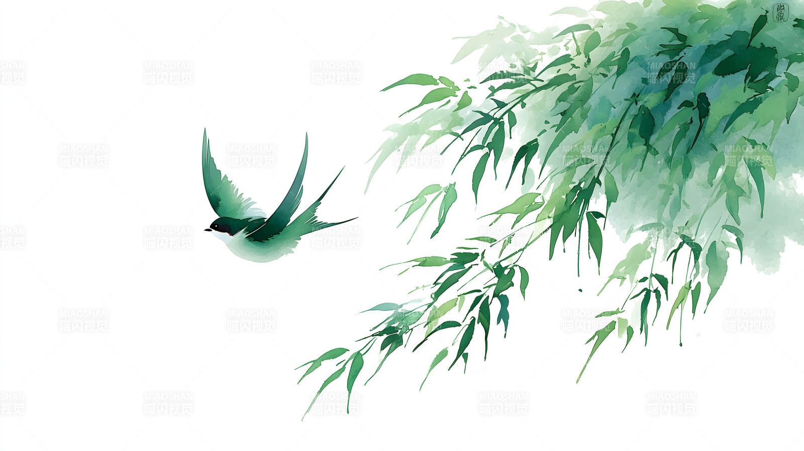 水墨画风的翠鸟与竹叶-图片