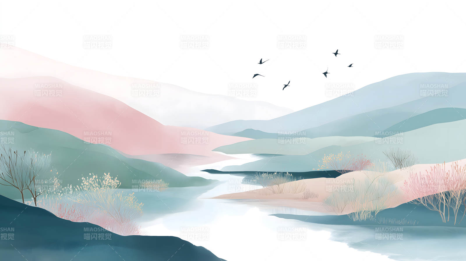 水墨山河鳥飛翔唯美風景畫-圖片
