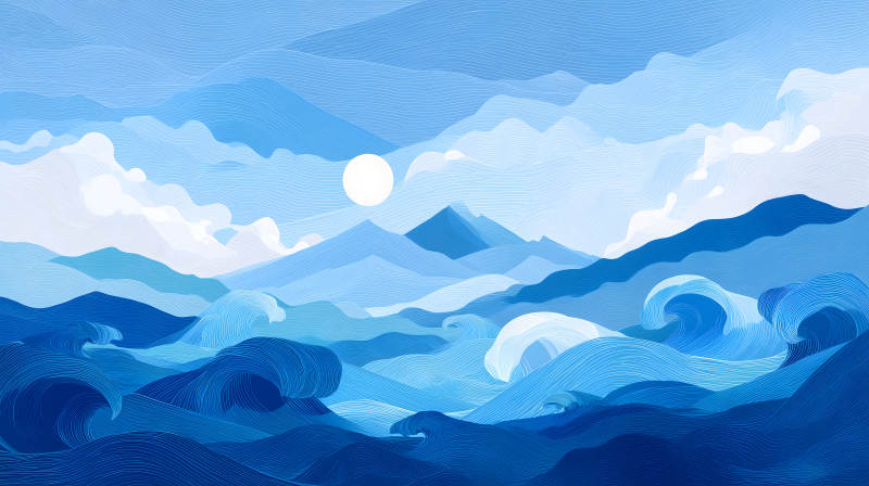 蓝色海洋风光风景绘画-图片