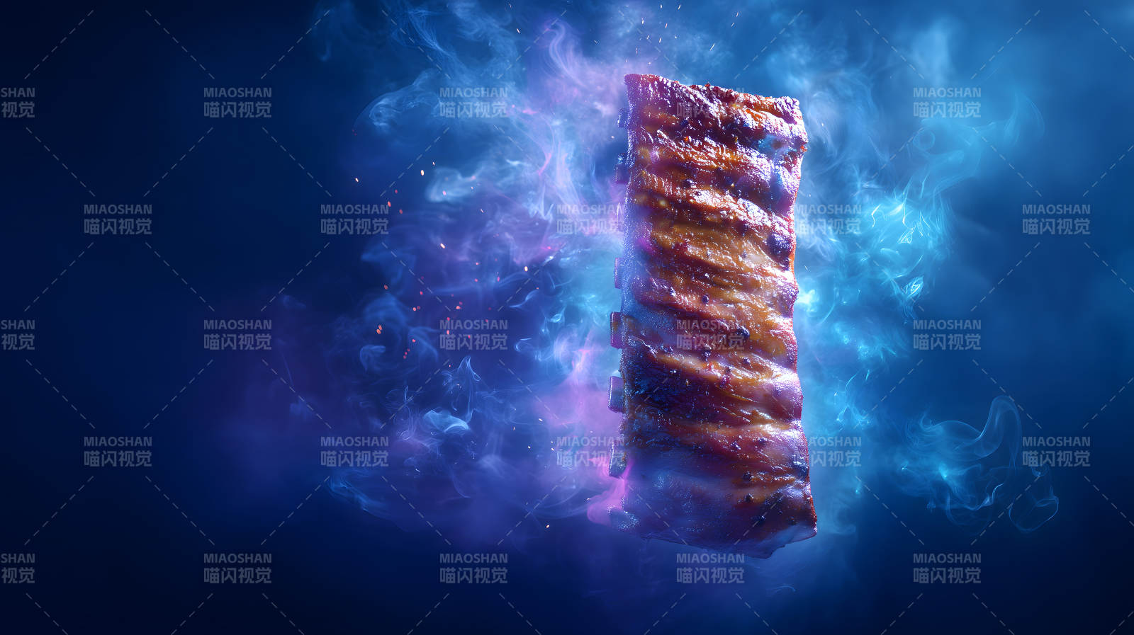 烤排骨在烟雾中漂浮-图片