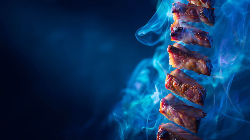 烤肋排与蓝烟雾的艺术摄影-图片