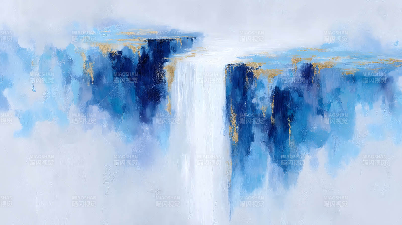 抽象蓝调风景画金箔点缀-图片