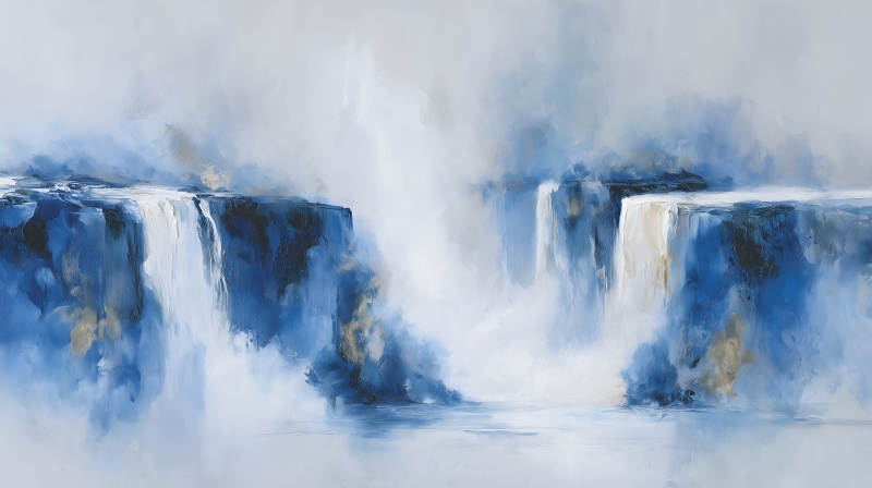 瀑布水流的抽象画作蓝白相间-图片