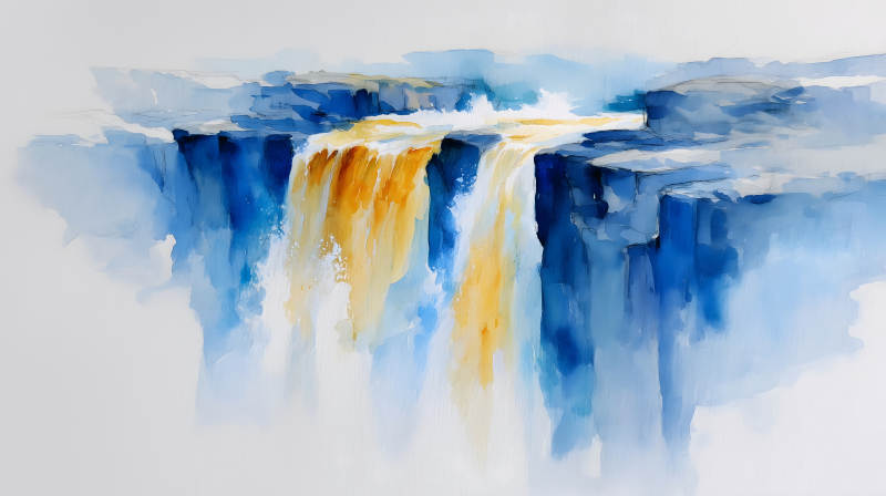 瀑布水彩画蓝色与金色-图片