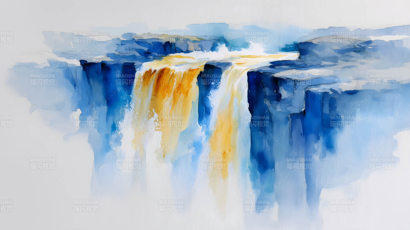 瀑布水彩畫(huà)藍(lán)色與金色圖片