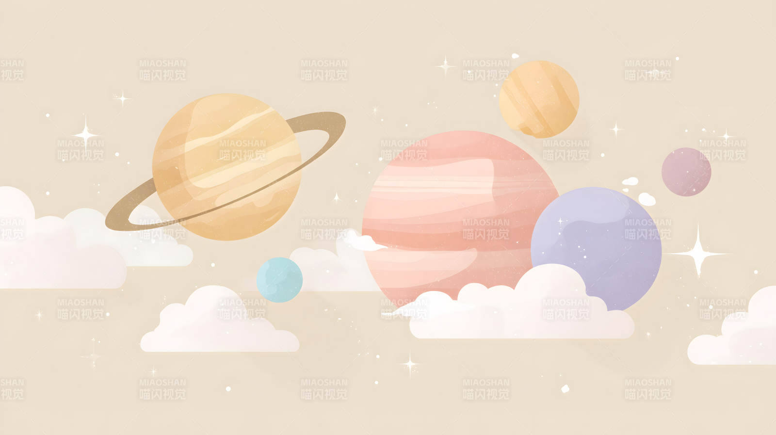 卡通风格的宇宙行星和云朵-图片