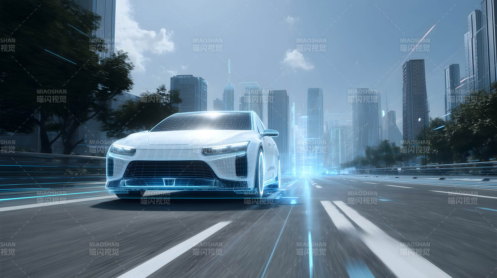 未來科技感汽車行駛在城市道路上-圖片