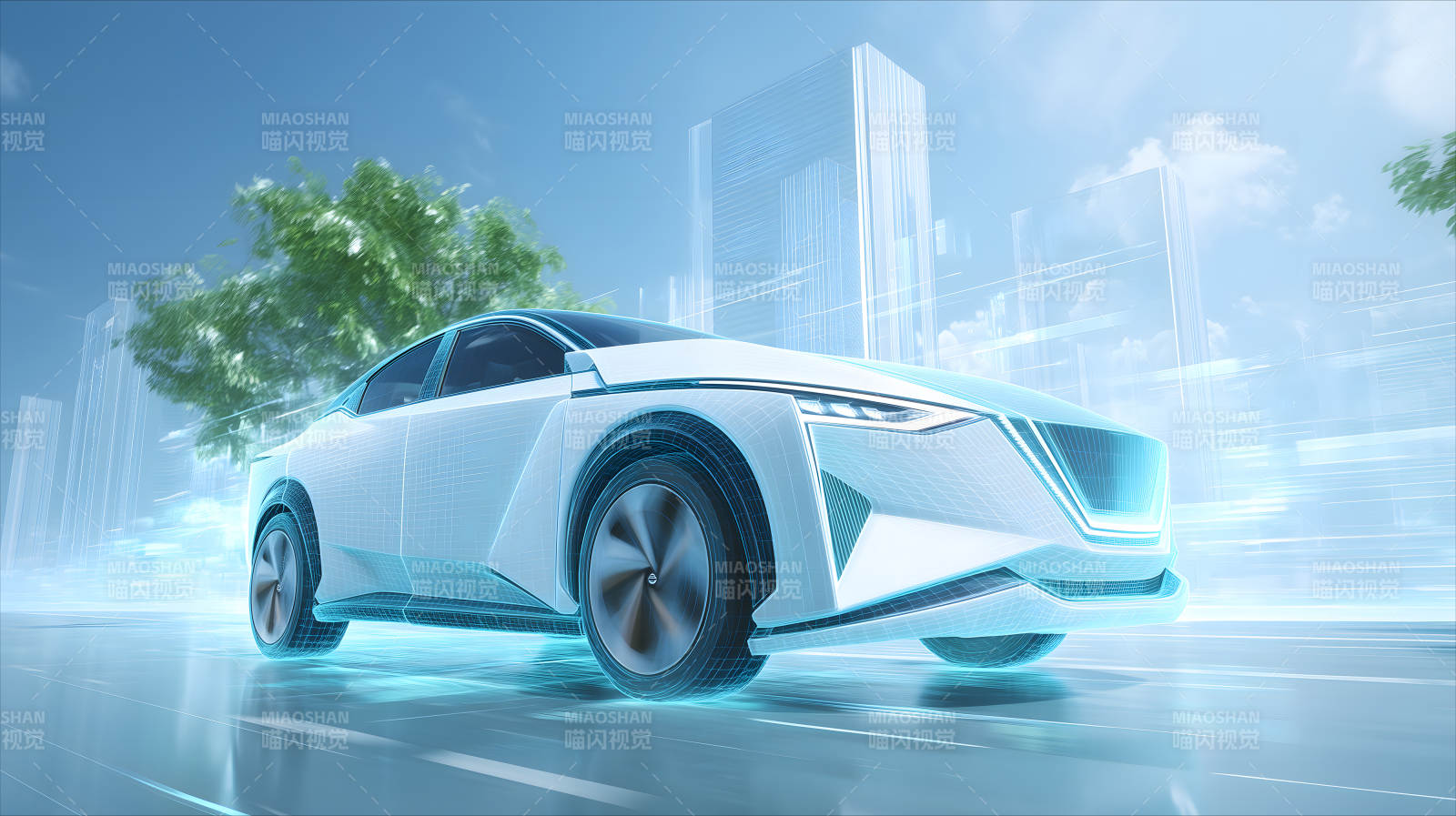 未来科技电动汽车行驶在城市道路上-图片