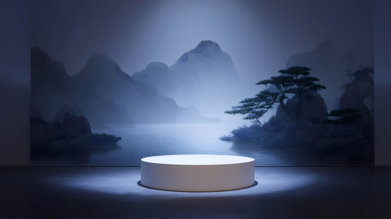 舞臺背景圓臺展現(xiàn)東方山水畫-圖片