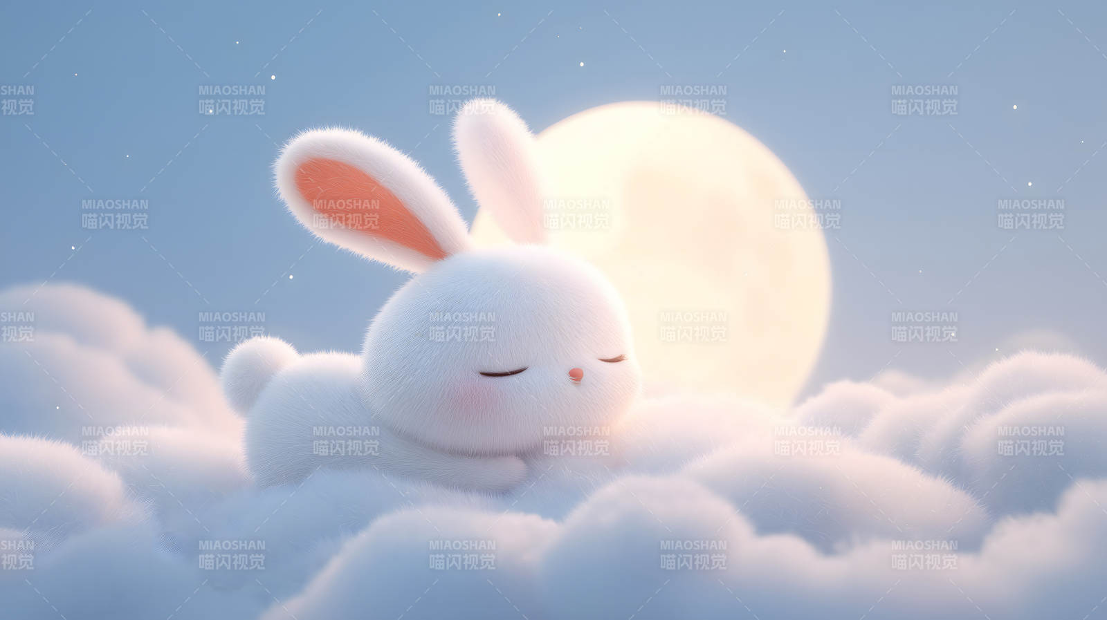 可愛兔子云端安睡月光下-圖片