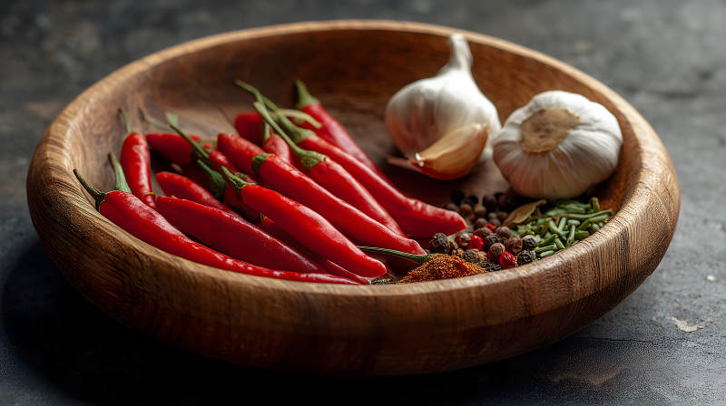 木碗里的辣椒大蒜和香料-图片