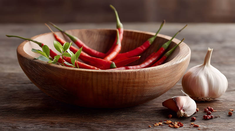 木碗辣椒与大蒜的静物摄影-图片