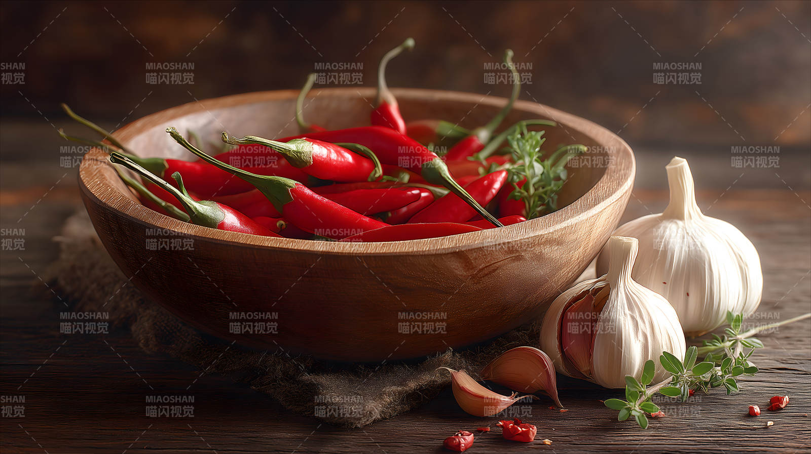 红辣椒大蒜木碗食物特写-图片