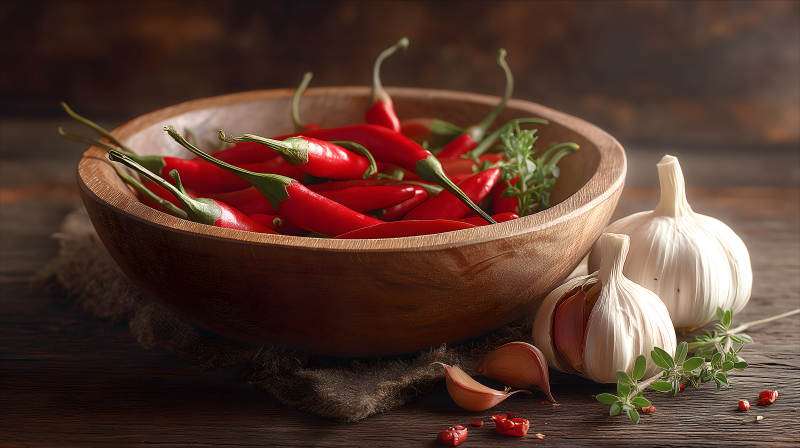 红辣椒大蒜木碗食物特写-图片
