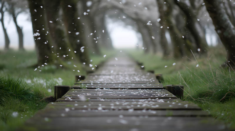 林間棧道花瓣飄落的景象-圖片