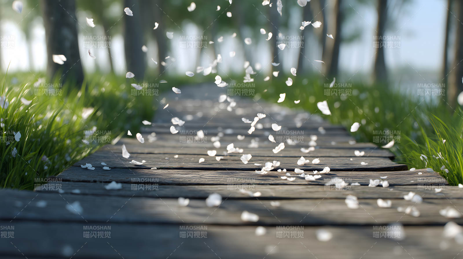 落叶飘落木栈道风景-图片