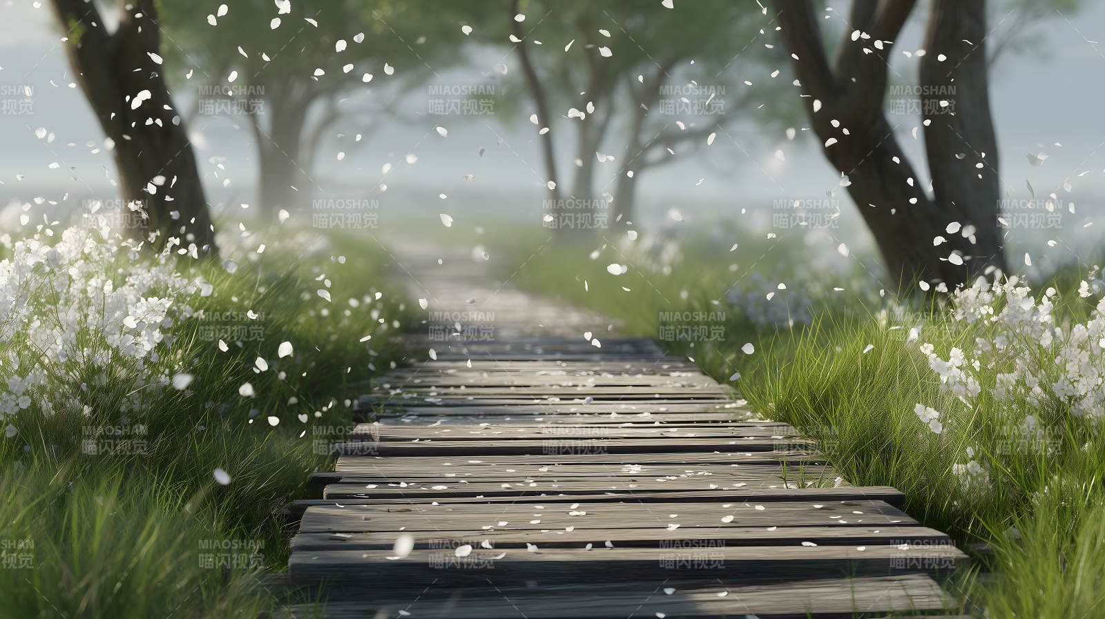 木橋花瓣飄落景色優美-圖片