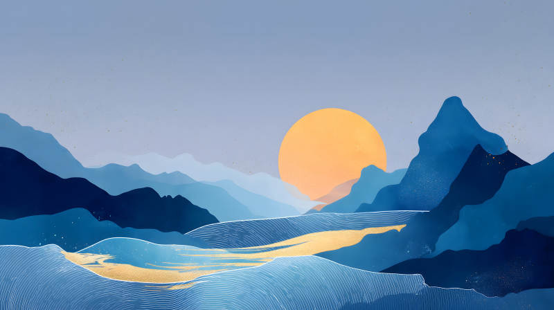 蓝调山水日出图-图片