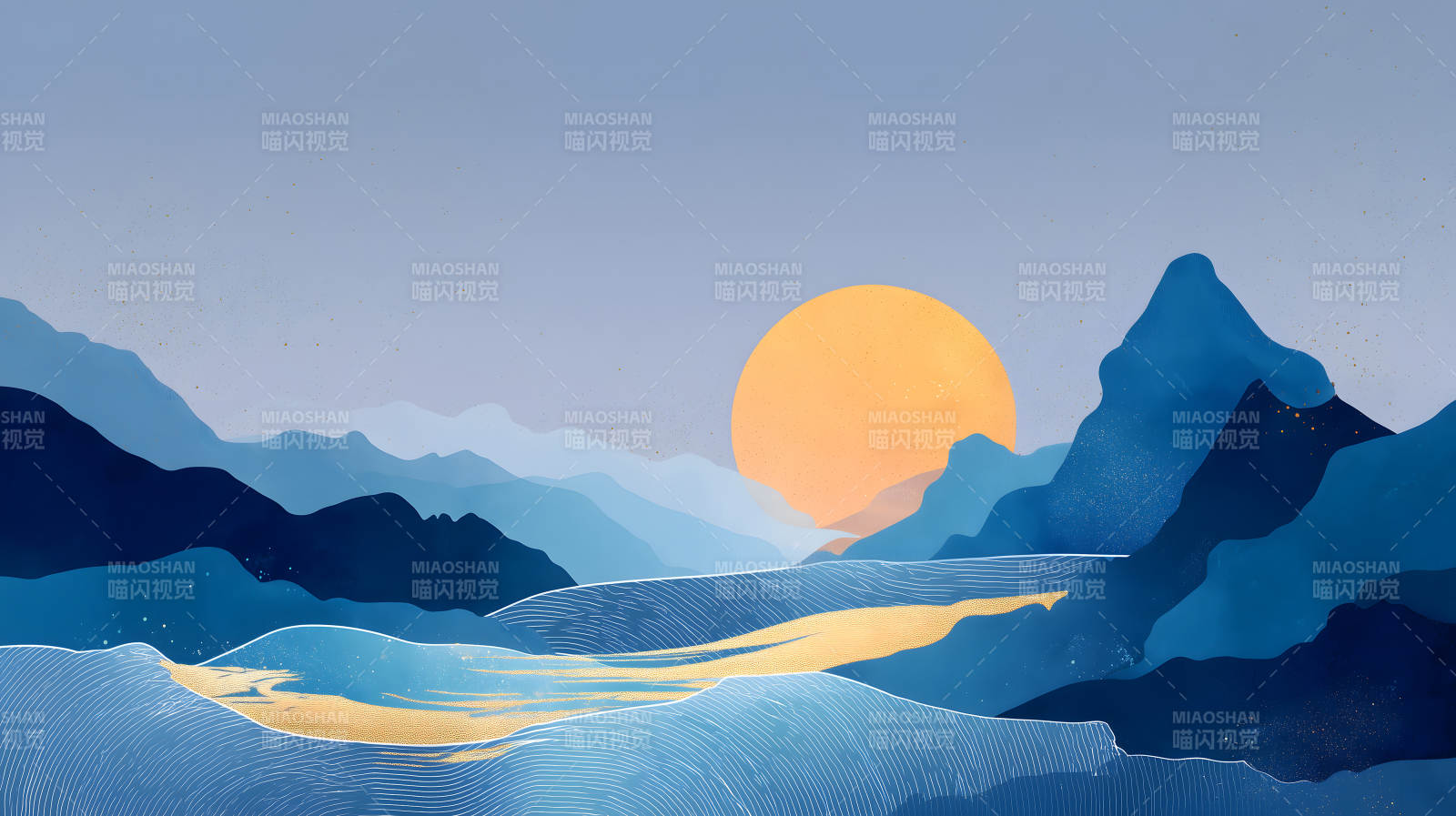 蓝调山水日出图-图片