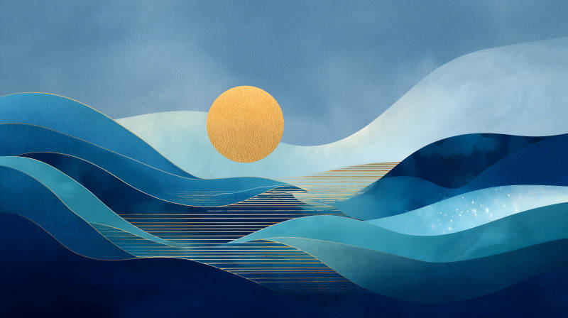 抽象蓝调山水画太阳点缀-图片