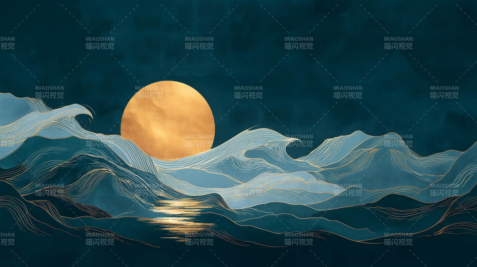 夜幕下金色的太陽與海浪-圖片