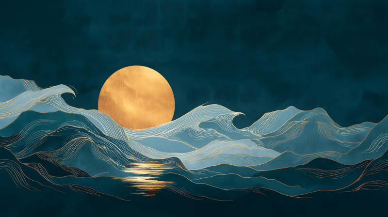 夜幕下金色的太陽與海浪-圖片