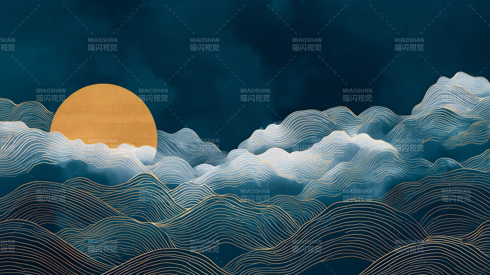 日出海浪金线绘青色幽静-图片