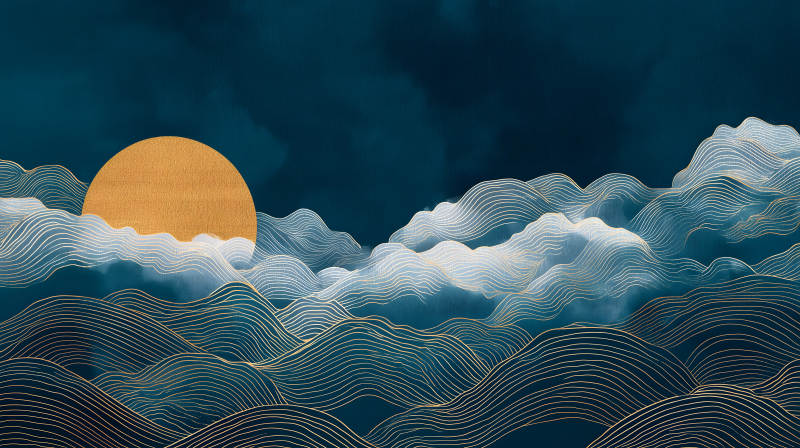 日出海浪金線繪青色幽靜-圖片