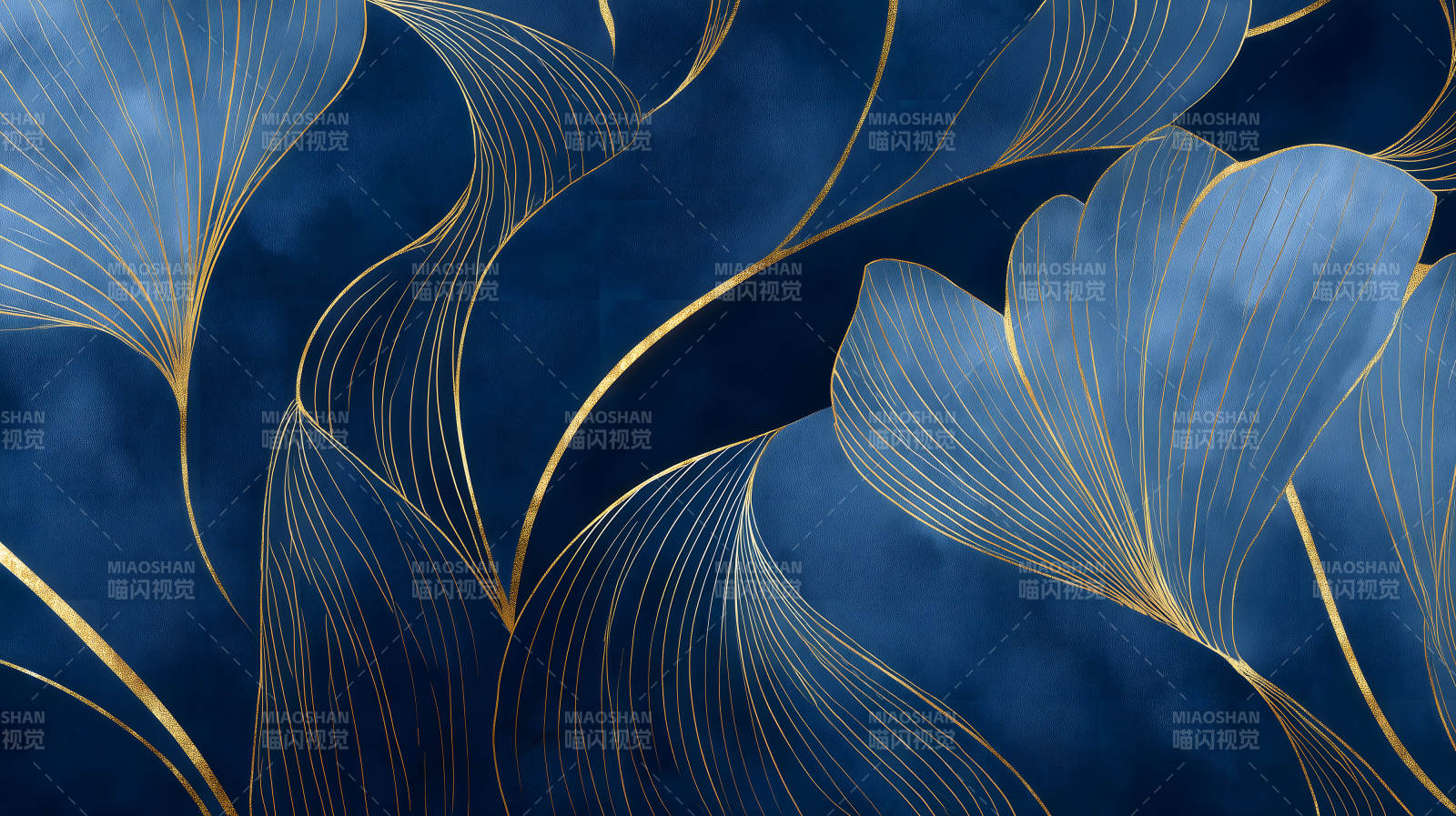 藍色花瓣金色線條抽象畫-圖片
