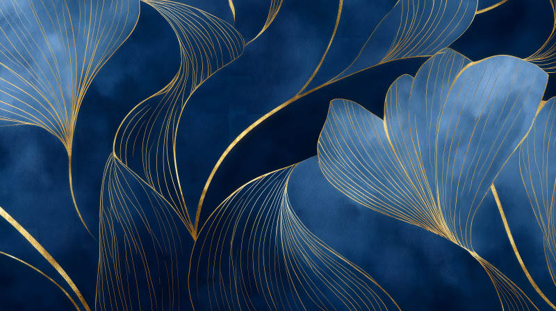 藍色花瓣金色線條抽象畫-圖片
