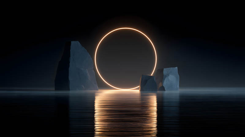 光環(huán)與巖石水面反射黑暗氛圍-圖片