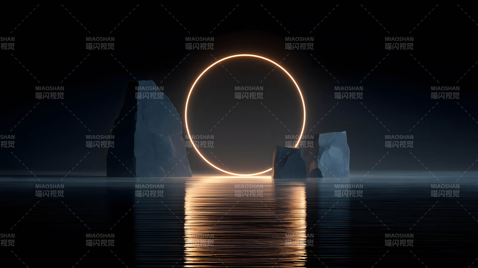 光環與巖石水面反射黑暗氛圍-圖片