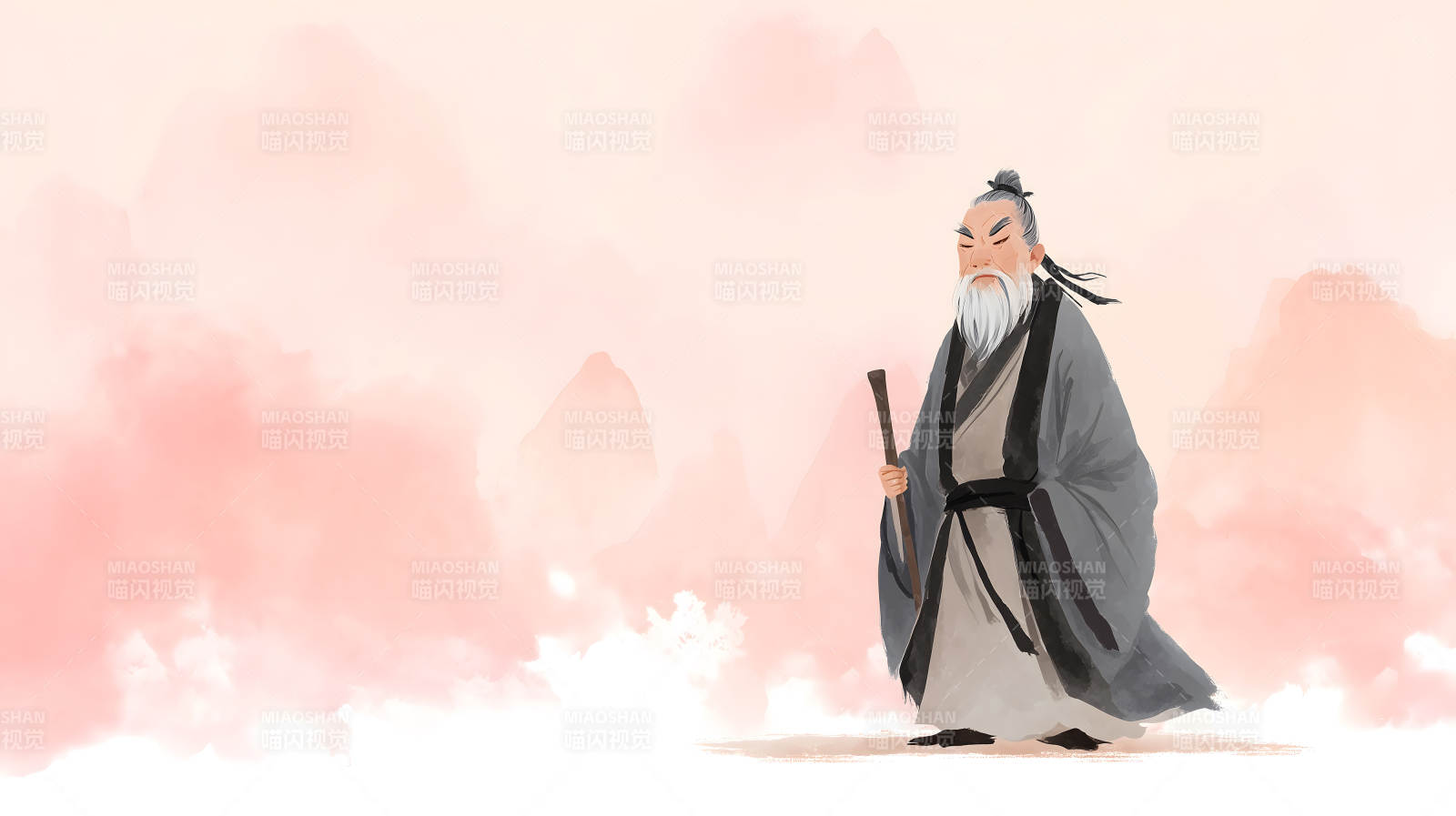 老者持杖漫步于粉色云霧之間-圖片