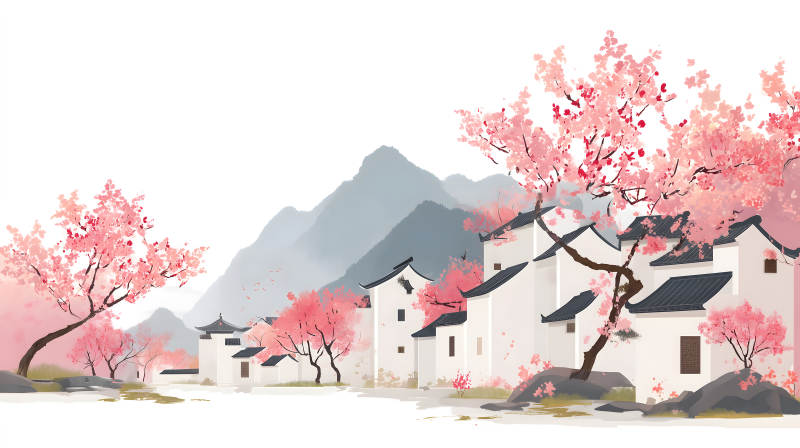 粉色櫻花盛開(kāi)的古鎮(zhèn)風(fēng)景-圖片