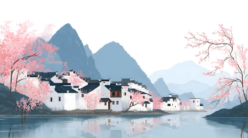 水畔古村落樱花盛开-图片