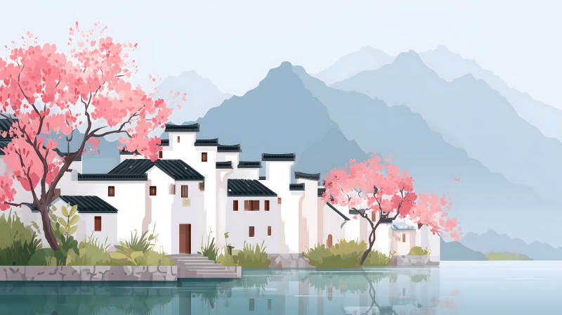 水乡古镇风光樱花盛开-图片