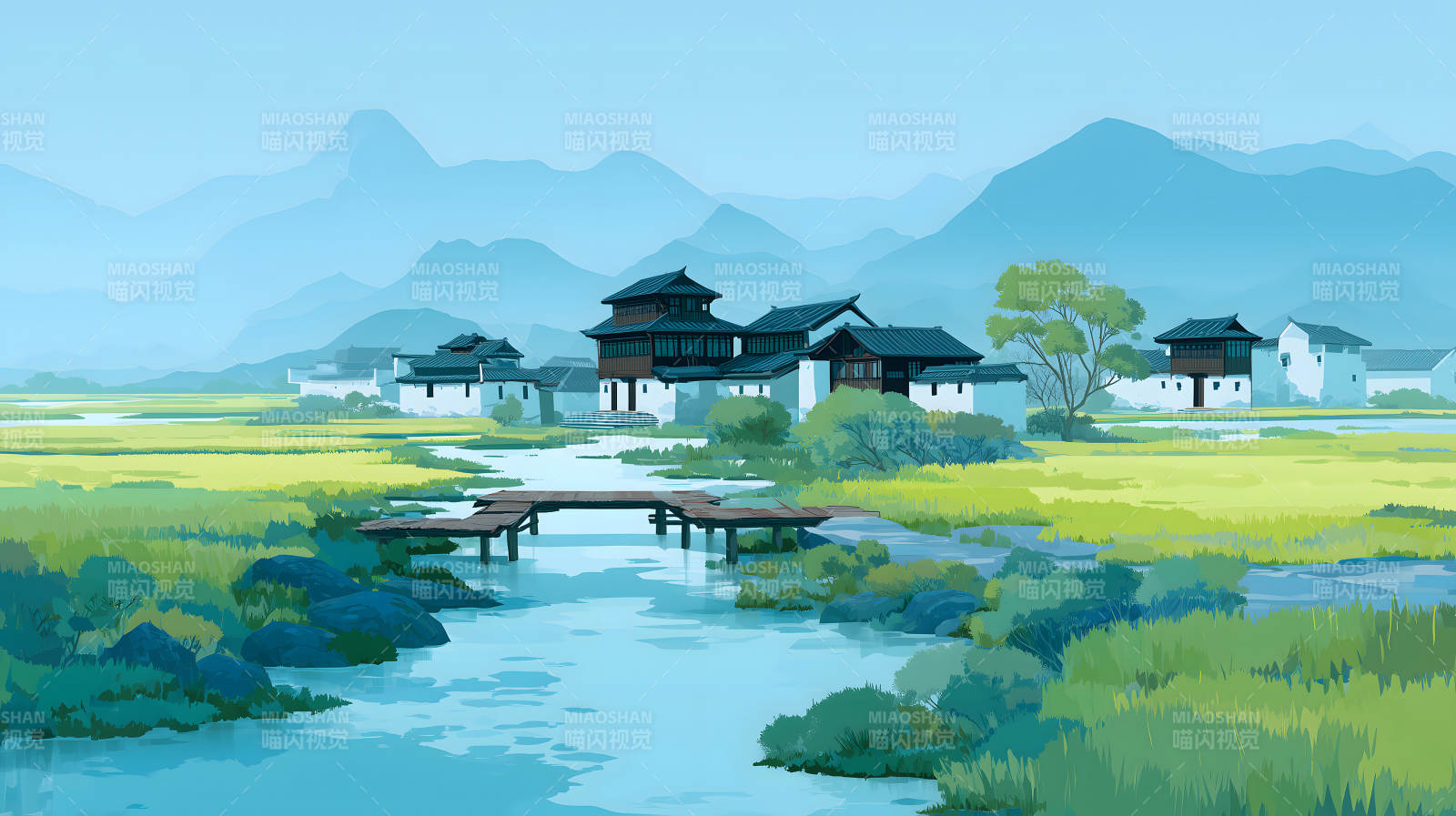 水乡风景桥梁建筑远山如黛-图片